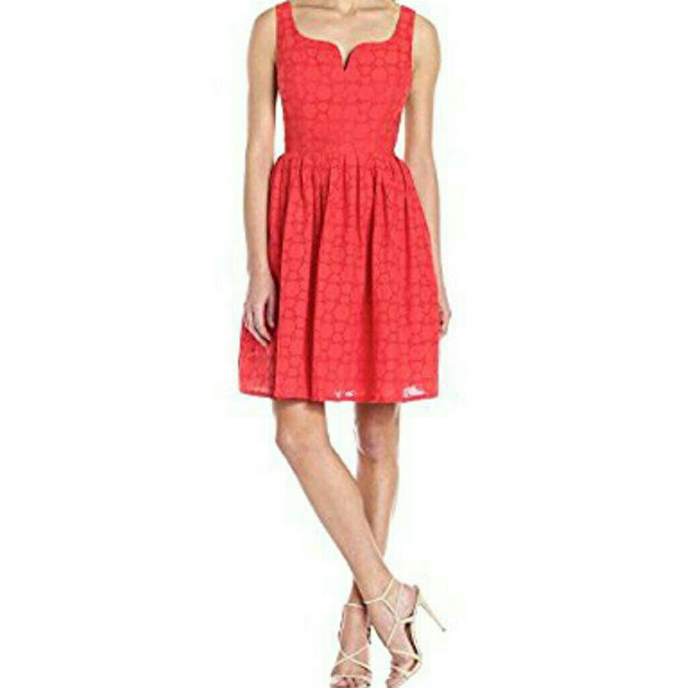 Adrianna Papell Eyelet Lace Fit & Flare Dress Coral SZ 6